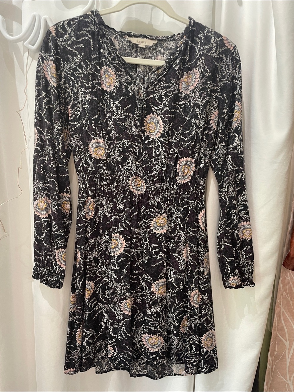 LOFT Black Long-Sleeve Floral Fit-and-Flare Dress with Pink and Cream Flowers